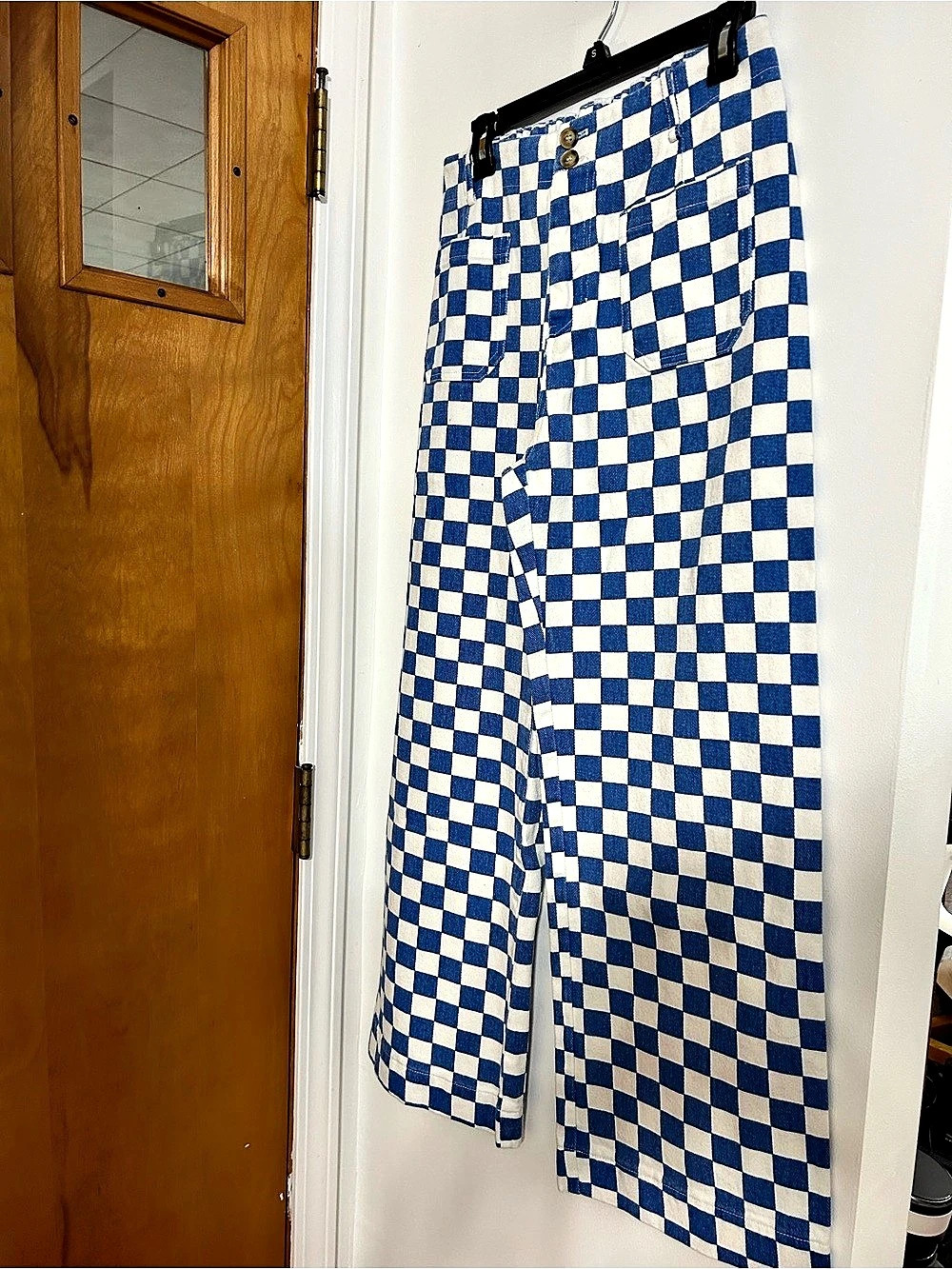 Papermoon Checkered Wide Leg Pants in Blue & White Size Large